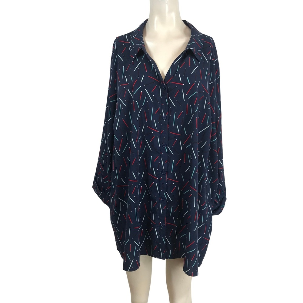 Catherines Womens 3X 26/28W Navy Blue Pencil Print Button Up Tunic Blouse Top